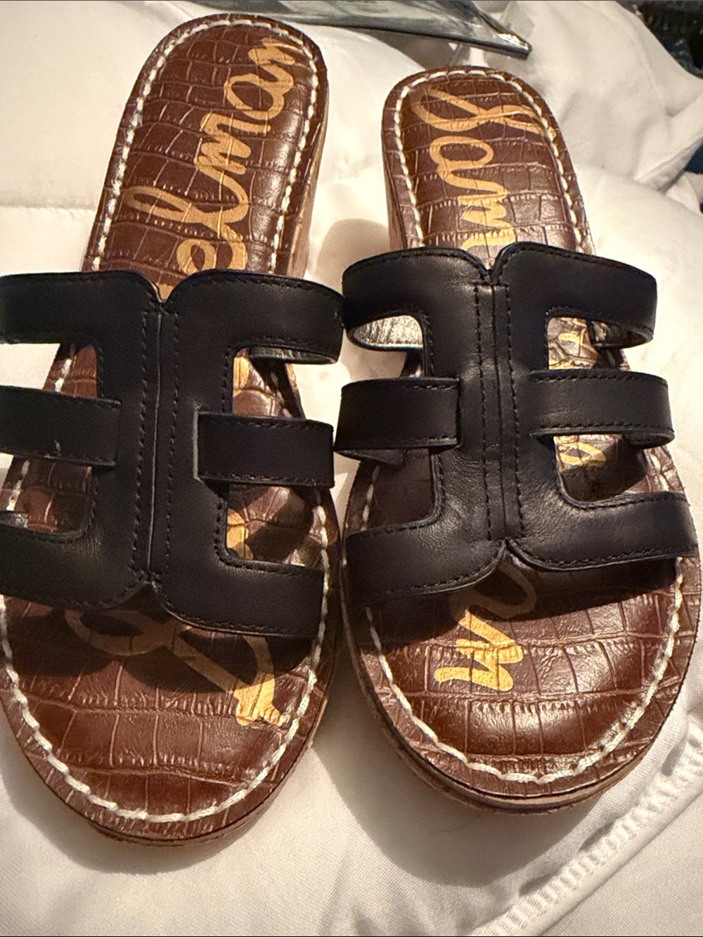 Sam Edelman black braided slide with brown croc footbed